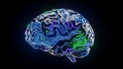 Futuristic brain illustration with glowing neon lines against a dark background representing artificial intelligence and advanced technology concepts and neurological research