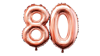 A pair of shiny rose gold foil balloons shaped like the number 80. set against a clean white background. perfect for celebrating milestone birthdays or anniversaries