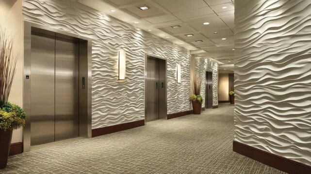 Modern hallway with elevators and textured walls in a commercial building during daytime