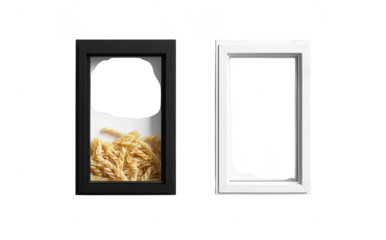 Two minimalist frames. one black and one white. display a pile of golden pasta in a modern. clean kitchen setting. emphasizing simplicity and contemporary design with a neutral background