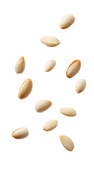 A captivating image of scattered light-colored almond seeds floating against a soft. blurred white background. their smooth texture and natural shape. ideal for culinary or health-related content