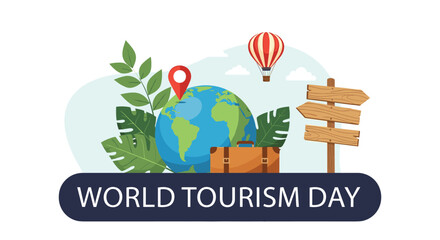 World Tourism Day Celebration: Globe Travel Essentials and Sign.