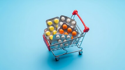 Medication shopping concept with pills in a miniature shopping cart