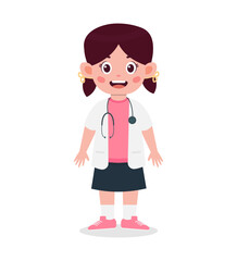 A cartoon girl wearing a doctor's stethoscope and white lab coat standing on a gray shadow.