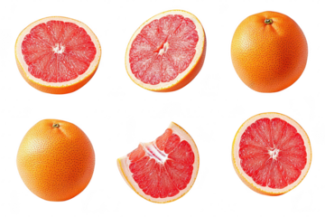 A display of fresh grapefruits various cuts and angles. emphasizing their juicy texture and bright color against a clean white background. ideal for culinary use