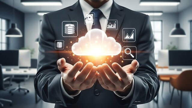 Businessman presents cloud computing technology with data icons in a modern office environment showcasing digital transformation and innovative solutions for business - Powered by Adobe