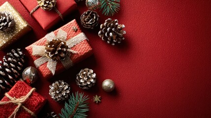 Naklejka premium Christmas background with wrapped gifts, pinecones, and festive decorations on a red backdrop. Perfect for holiday themes and celebrations