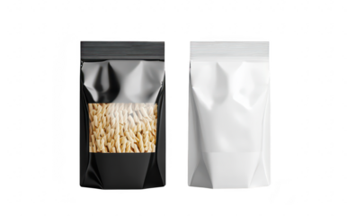 Two distinct food packaging bags. one transparent black pasta. the other opaque white. placed on a clean surface. highlighting modern design for potential culinary use
