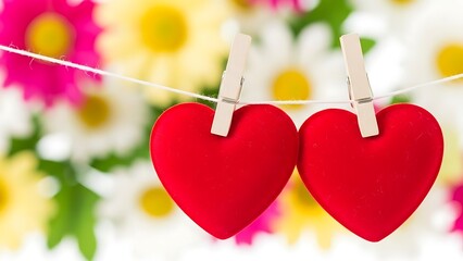 Two red hearts hanging on a line with a floral background