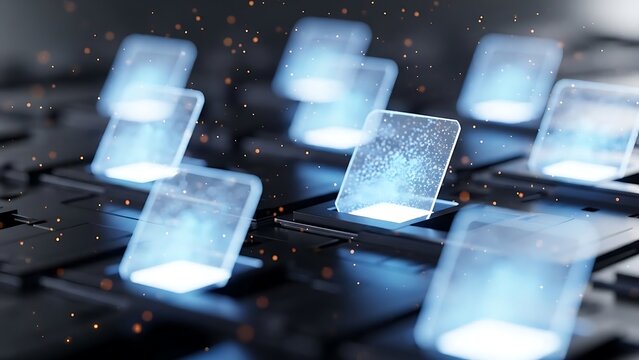 Abstract futuristic technology background with glowing screens representing data processing and artificial intelligence in a network of interconnected devices