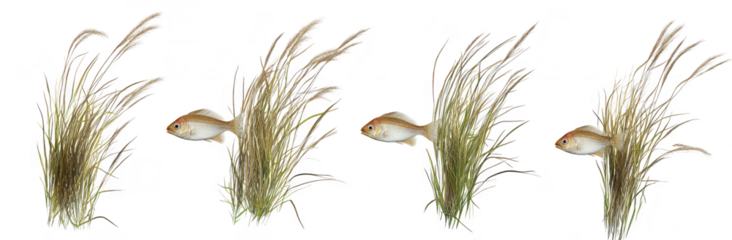 A serene underwater scene a goldfish swimming gracefully among lush aquatic grass. capturing the tranquility of aquatic life in a ecosystem