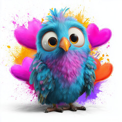 Fototapeta premium A cute, fluffy blue bird with big eyes and pink and purple accents, surrounded by colorful hearts and paint splatters.