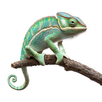 A colorful chameleon perched on a branch against a white background.