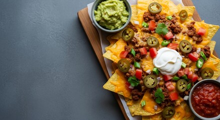 Top view nachos with melted cheese, ground beef, jalapenos, guacamole and salsa on wooden board, copy space