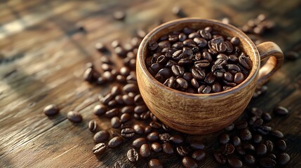 Fototapeta premium Roasted coffee beans in wooden cup on table background for morning caffeine beverage ingredient concept