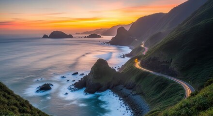Coastal highway weaving through mountains at sunset offering scenic beauty and adventure
