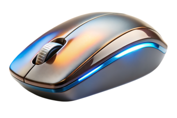 Computer mouse, sleek metallic with illuminated blue accent and reflective surface, cutout, PNG, isolated on white or transparent background, AI