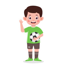 A cartoon boy in a green shirt holding a soccer ball and waving.