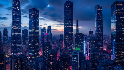 A stunning futuristic cityscape at dusk featuring towering skyscrapers illuminated with vibrant neon lights. The scene captures a dense urban skyline with modern high-rise buildings, glowing windows,