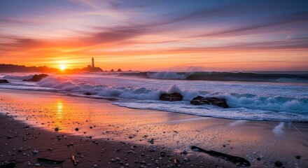 Coastal radiance: a scenic beach vista illuminated by the vibrant hues of sunset