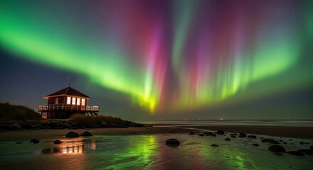 Coastal refuge under the captivating aurora borealis light show mirroring in the ocean waters