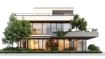 Modern architectural design of a sleek. multi-level house surrounded by lush greenery and trees. large windows reflecting the sunset. ideal for real estate marketing