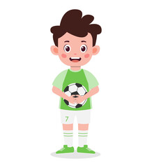 A cartoon boy in a green soccer uniform holds a soccer ball while smiling.