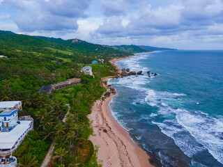 Bathsheba Beach aerial view including mushroom rock in village of Bathsheba, Saint Joseph, Barbados. 