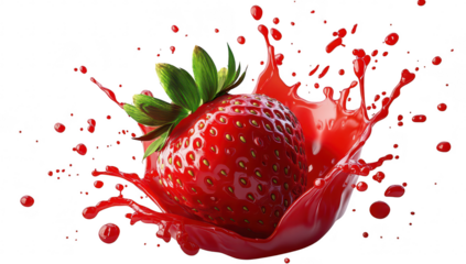 A strawberry splashes into a pool of bright red liquid. creating dynamic droplets that scatter in all directions. symbolizing freshness and vitality. perfect for culinary or beverage promotions