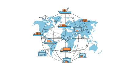 Global Logistics and Supply Chain Network Interconnected transportation, international trade, and distribution hubs across the world map, illustrating efficient worldwide commerce