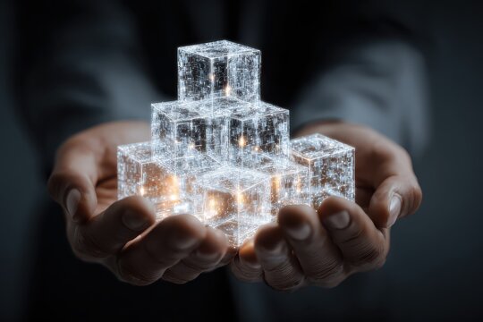 Exploring blockchain technology through a businessman's hand showcasing 3D digital cubes representing data and security in the modern financial world