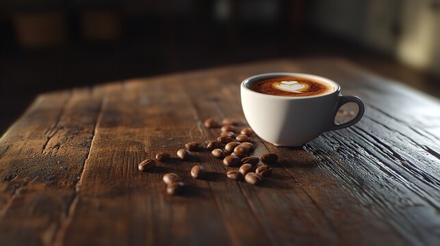 Cappuccino coffee cup with latte art and roasted coffee beans on rustic wooden table background photo shot