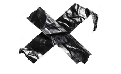 A crumpled piece of black tape arranged in an X shape on a clean. white background. texture and contrast. ideal for design or artistic purposes