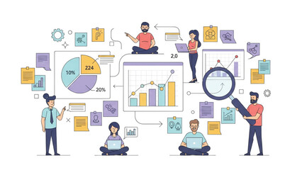 Business data analysis and strategy planning with charts, graphs, and teamwork for growth