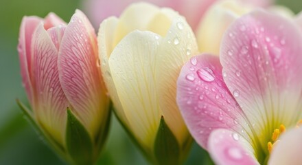 Close-up of Pink and Cream Tulips with Water Droplets Displaying Natural Elegance
