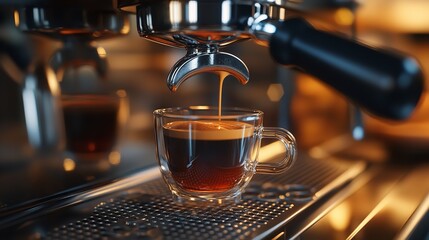 Espresso machine pouring coffee into a glass cup for a delicious morning caffeine boost drink shot