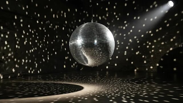 Spinning disco ball illuminating dark room with sparkling light patterns