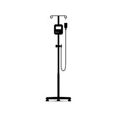 Naklejka premium Black IV stand with digital pump and attached drip bag on a white background