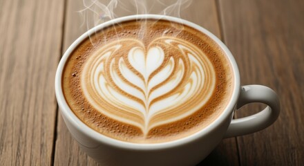 Close-up of Steaming Coffee Art on Wooden Table for Morning Relaxation Aesthetic