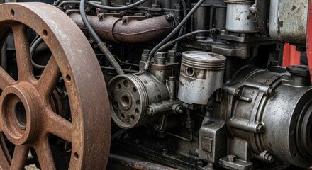 Close-up of vintage tractor engine showcasing intricate mechanical details and weathered textures