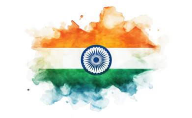 A watercolor representation of the Indian national flag. its iconic orange. white. and green colors with a central blue Ashoka Chakra. symbolizing unity and pride
