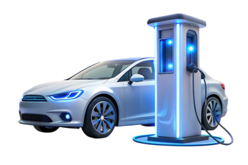 Electric car, white connected to a futuristic charging station with blue glowing lights, cutout, PNG, isolated on white or transparent background, AI