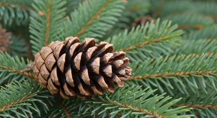 Close-up photography unveils the intricate beauty of a pinecone nestled amidst verdant evergreen