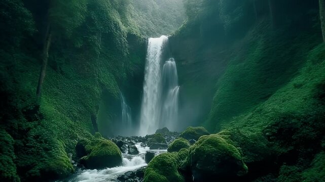 A majestic waterfall cascades into a rocky stream surrounded by vibrant green moss and dense tropical foliage in a serene forest.