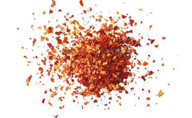 A pile of crushed red chili flakes scattered on a clean white background. their rich color and texture. perfect for culinary use or spice-related content