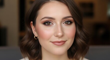 Close-up portrait showcasing elegant makeup and hairstyle, highlighting natural beauty and