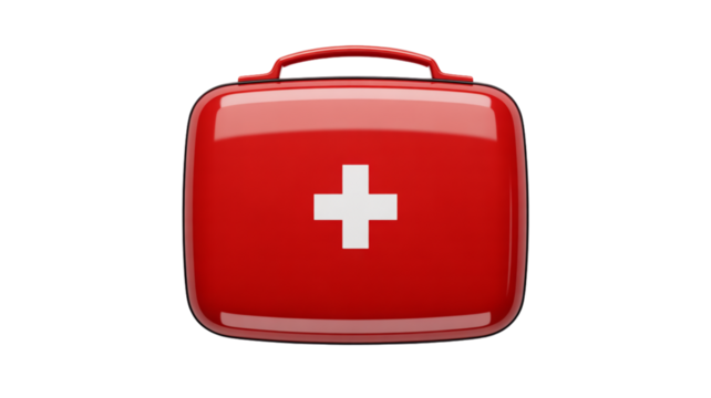 Red first aid kit with white cross isolated on transparent background
