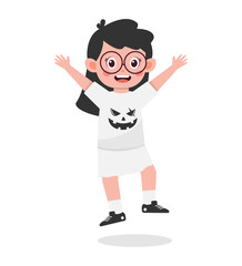 Cartoon child in white Halloween outfit with a jack-o-lantern shirt jumping with arms outstretched.