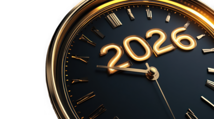 A close up of a golden clock face displaying the year twenty twenty six with a black background on transparent background