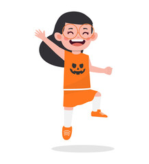 Cartoon girl in orange Halloween costume dancing with one leg raised and arm waving